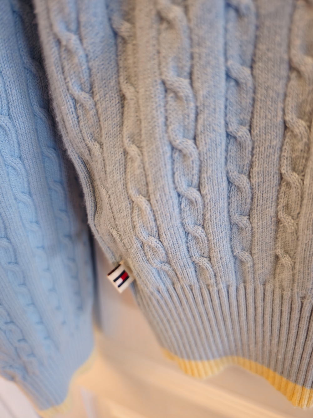 Tommy Hilfiger Light Blue Zip-Up Cable Knit Hoodie with Yellow Trim - Picture 7 of 10